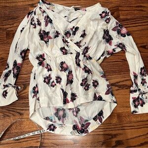 Free People White Floral Wrap Blouse with Pink & Black Flowers